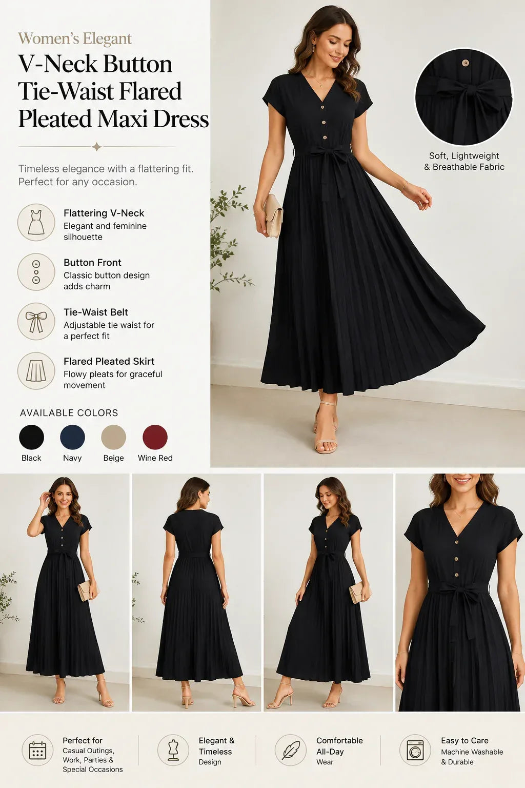 Women's Elegant V-Neck Button Tie-Waist Flared Pleated Maxi Dress