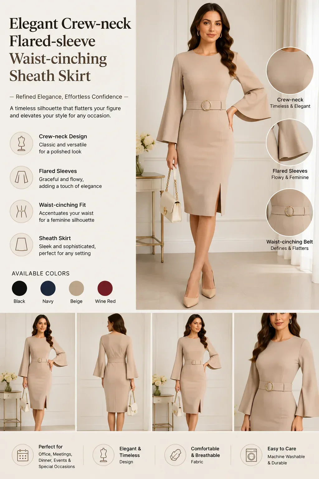 Elegant Crew-neck Flared-sleeve Waist-cinching Sheath Skirt