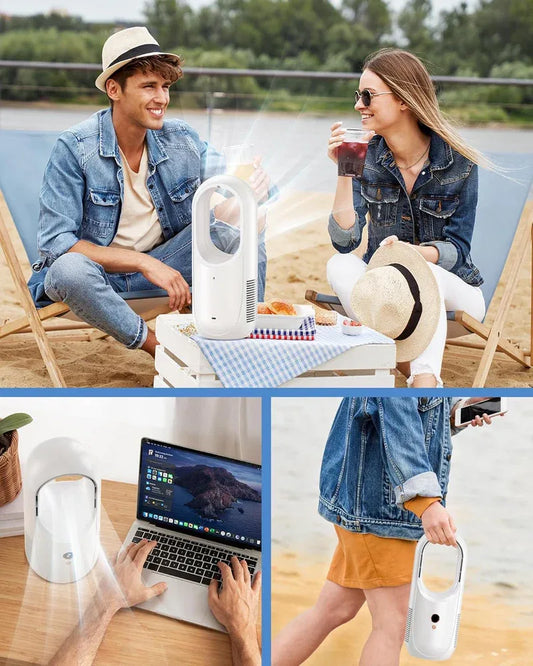 Denx Intelligent Bladeless Fan by The Prime Cart shown on a modern desk, featuring sleek design and touch control interface.