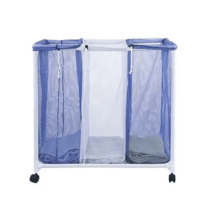 Laundry basket with clothing sorter from The Prime Cart, showing multiple compartments for organizing laundry.