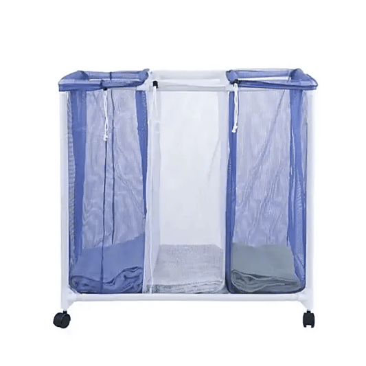 Laundry basket with clothing sorter from The Prime Cart, showing multiple compartments for organizing laundry.