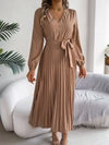 Women's Elegant V-Neck Button Tie-Waist Flared Pleated Maxi Dress - The Prime Cart