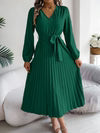 Women's Elegant V-Neck Button Tie-Waist Flared Pleated Maxi Dress - The Prime Cart